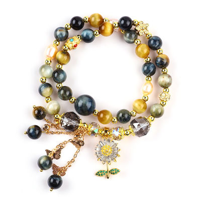 Μοναδικό 8MM με όνειρο Tiger Eye SunFlower Spinner Charm Blessing Κρυστάλλινο διπλό στρώμα βραχιόλι