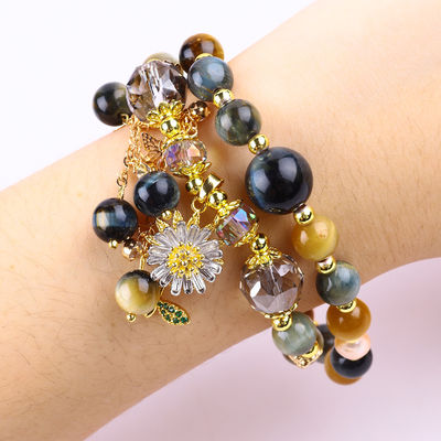 Μοναδικό 8MM με όνειρο Tiger Eye SunFlower Spinner Charm Blessing Κρυστάλλινο διπλό στρώμα βραχιόλι