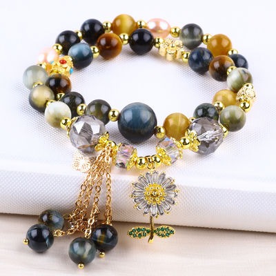 Μοναδικό 8MM με όνειρο Tiger Eye SunFlower Spinner Charm Blessing Κρυστάλλινο διπλό στρώμα βραχιόλι