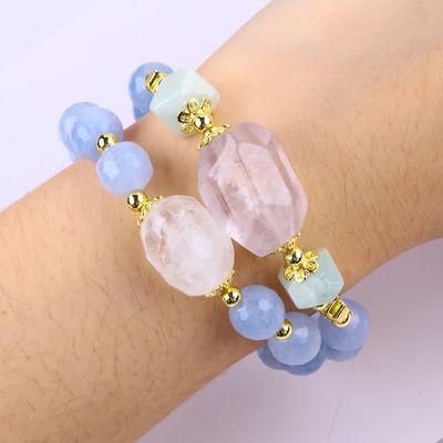 Χειροποίητο Custom Crystal Blue Chalcedony Διπλό στρώμα Πολυδιάστατο Στρογγυλό Χάρτινο βραχιόλι για Επαφή Κοσμημάτων