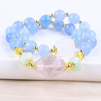 Χειροποίητο Custom Crystal Blue Chalcedony Διπλό στρώμα Πολυδιάστατο Στρογγυλό Χάρτινο βραχιόλι για Επαφή Κοσμημάτων