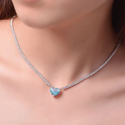 Έλεγκτο Σχήμα Καρδιάς Aqua Blue 925 Sterling Ασημένιο Καρδιά Εκατόλιθος Κολιέ